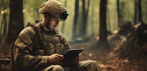 Strategic Analysis: Soldier Uses Tablet at Temporary Base. Generative ai