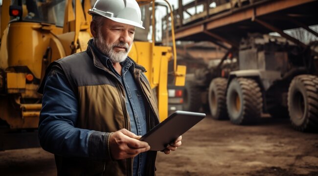 Master of Construction: Senior Engineer with Tablet Amidst Heavy Machinery. Generative ai