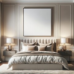 Luxurious Bedroom Interior with Elegant Bedding and Blank Wall Frame Art Mockup
