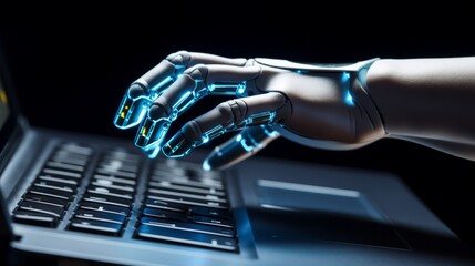 A robotic hand using a computer keyboard. Generative AI. 