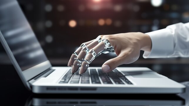 A robotic hand using a computer keyboard. Generative AI. 