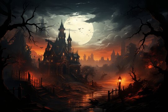 A dark manor, haunted castle, abandoned house in the night with a giant moon and orange light