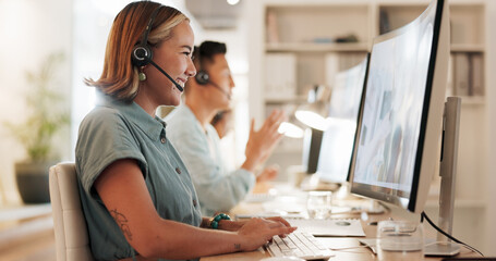 Call center, consulting and laughing with woman in office for contact us, communication and customer service. Salesman, help desk and technical support with person in crm agency for telemarketing