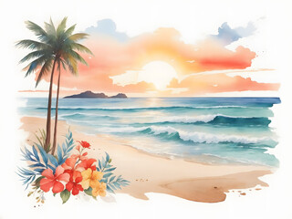 beach with palm tree ,water color