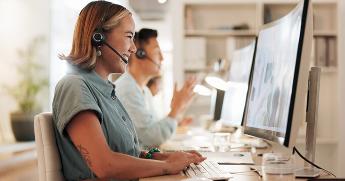 Call center, consulting and laughing with woman in office for contact us, communication and customer service. Salesman, help desk and technical support with person in crm agency for telemarketing