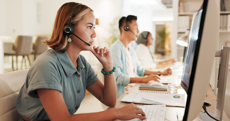 Call center, agent and thinking with woman in office for contact us, communication and customer...