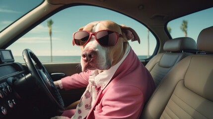 gorgeous pit bull dog driving a car