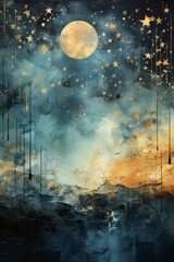 An abstract illustrated background with the moon and night sky and flowers. Generative AI. 