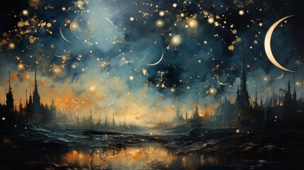 An abstract illustrated background with the moon and night sky and flowers. Generative AI. 