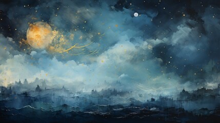 Fototapeta premium An abstract illustrated background with the moon and night sky and flowers. Generative AI. 