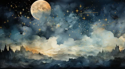 Foto op Canvas An abstract illustrated background with the moon and night sky and flowers. Generative AI.  © Elle Arden 