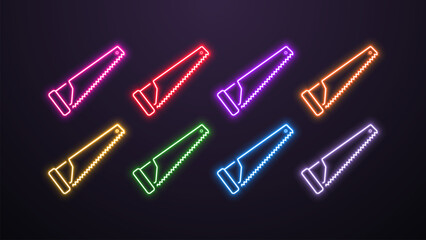 A set of LED glowing neon hand saw icons in different colors on a dark background.
