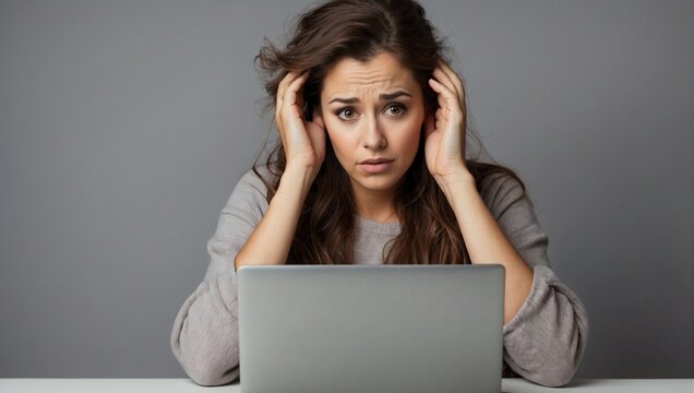 Confused and Disappointed Woman Reading Email on Laptop Against Gray Background