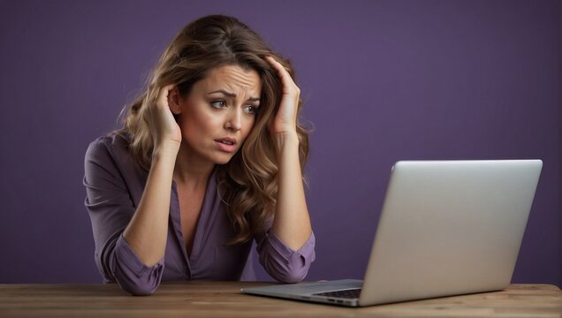 Confused and Disappointed Woman Reading Email on Laptop Against violet  Background