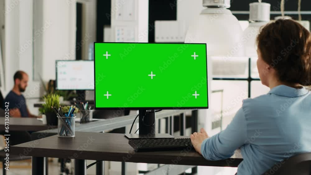 Poster startup manager using greenscreen display on computer at workstation, checking modern network with i