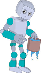 the silver cube robot carrying a leaky bucket