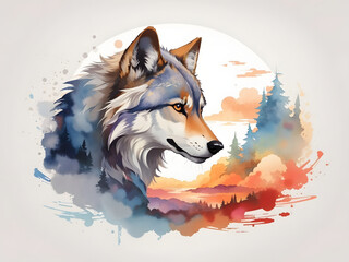 illustration of a wolf, t shirt design, print, water color