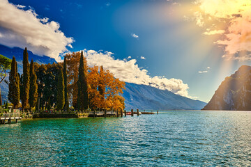 Panoramic view of the beautiful Lake Garda .Riva del Garda town and Garda lake in the autumn time ,...