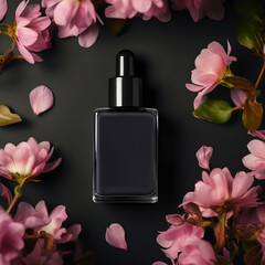 Obraz na płótnie Canvas Blank black nail polish bottle mockup on black background with flowers