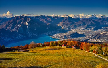 Panoramic view of the beautiful Lake Garda .Riva del Garda town and Garda lake in the autumn time , Trentino Alto Adige region,Italy