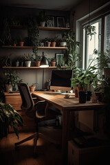 The interior of the workplace is surrounded by a lot of home plants. Eco-friendly. AI generating