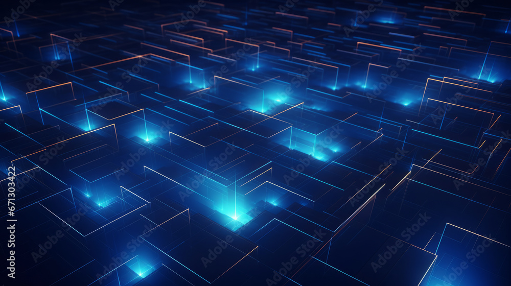 Poster an abstract blue background with glowing squares and rectangles