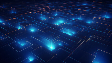 An abstract blue background with glowing squares and rectangles - obrazy, fototapety, plakaty