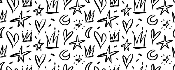 Childish seamless design banner with doodle crowns, hearts, stars and moons.