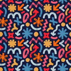 Colored brush-drawn geometric shapes seamless patten. Creative minimalist style art background.