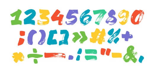 Bold brush drawn colorful grunge numbers with punctuation marks and alphabet symbols.
