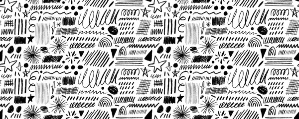 Charcoal doodle lines and shapes seamless banner design. Childish freehand scribbles.