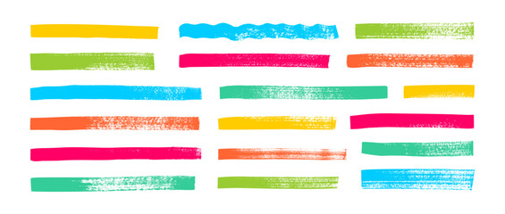Colored highlighter bold horizontal lines set. Brush drawn vector stripes with dry brush texture.