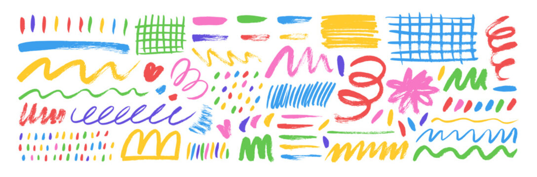 Set of colored brush drawn doodle shapes and different hand-drawn pencil strokes.