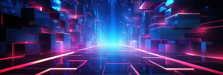 Abstract technology background, futuristic digital space with data and neon light. Perspective of cyberspace or virtual reality like city street. Concept of tech, future, network