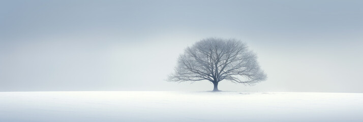 Lone tree on snowy field, panoramic minimalist landscape in winter. Wide banner with peaceful nature in white. Concept of snow, art, beauty, minimalism, travel, tranquil, calm