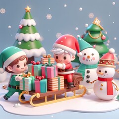 Illustration cute Santa Claus with snowman design character AI Generative