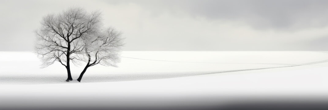 Panoramic minimalist landscape, lone tree on snow background, white field in winter. Wide banner with peaceful nature. Concept of snow, art, beauty, minimalism, tranquil, calm