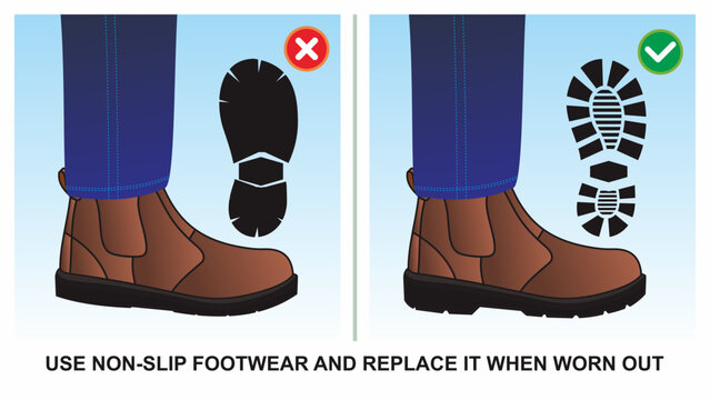Workplace safety do's and dont's vector illustration. Awareness banner and poster design. Wear non slip safety shoes. Unsafe work condition and act.