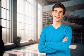 Fototapeta premium Portrait of happy smart student posing, AI generated image