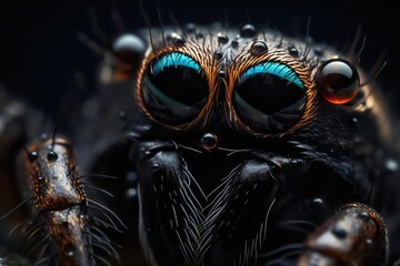 jumping spider close up on black background. Generative AI. 