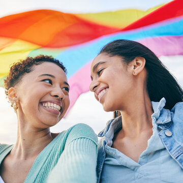 Happy, couple and lesbian with women in selfie, pride flag and lgbt relationship with love and happiness. Female people smile in picture, gen z youth and gay equality, support and trust with partner