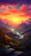 A painting of a sunset in the mountains