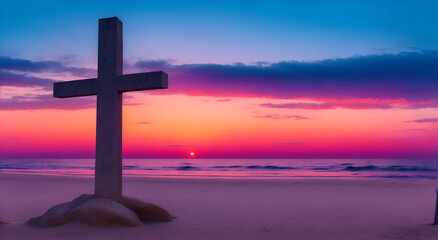 Stone cross standing in the vast beige sand beach with ocean view. The sky above is a vibrant and beautiful. Cross symbolizing Death & Resurrection.