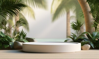 Fototapeta premium Realistic mockup podium with tropical scene for product display or showcase