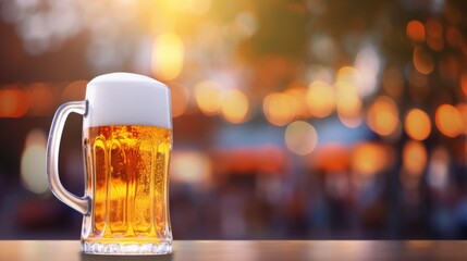 Fresh cold beer in glass and free space for your bottle  on a wooden table  blurred bokeh Bar interior festival background