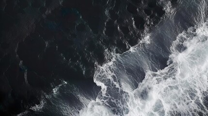Aerial Photography of Waves crashing on a black sand - obrazy, fototapety, plakaty