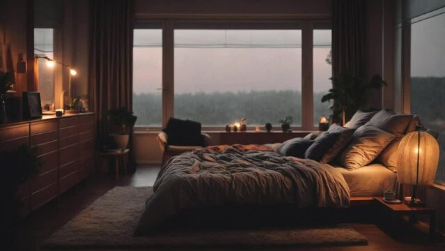 A cozy bedroom scene at dusk. Soft ambient lighting emanates from table lamps and candles. Outside, rain gently falls. Animated virtual background, stream overlay loop wallpaper.