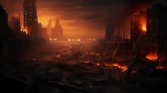 An image representing a destroyed city in a fire sto