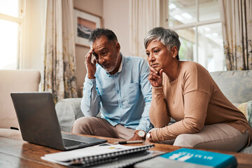 Senior couple, stress and laptop for financial debt, budget mistake and investment fail or asset management at home. Elderly people with depression, thinking or reading news or email on computer - obrazy, fototapety, plakaty