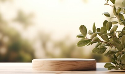 Empty wooden podium for display or product showcase with blurry background and nature scene